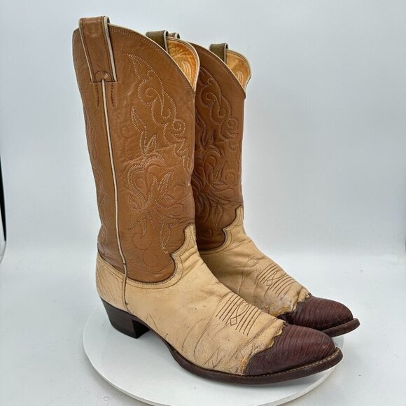 Justin 1660 Men Size 9.5D Cream Brown Two Tone Leather Pointed Toe Western Boot - Picture 4 of 14